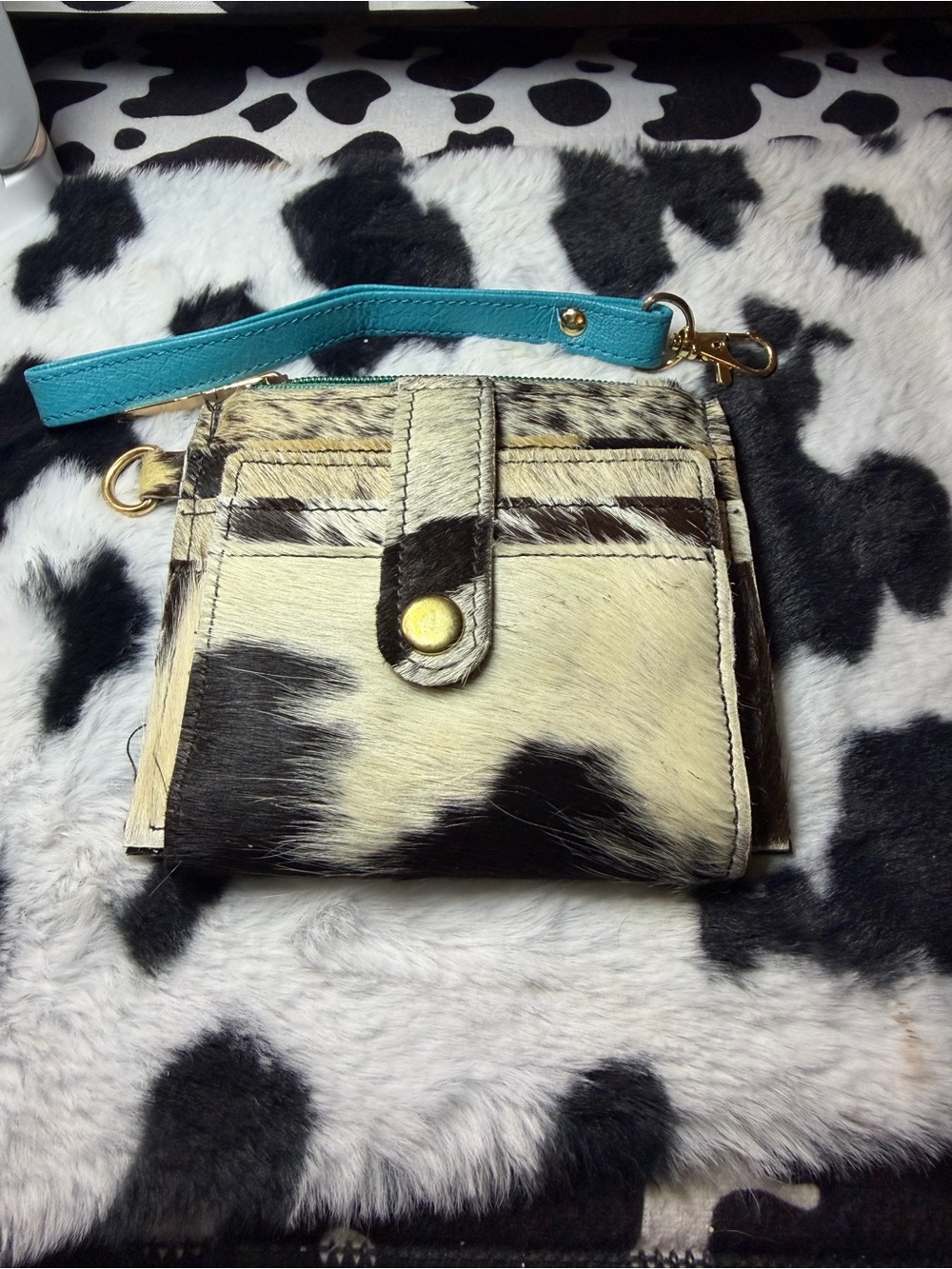 Cowhide Card Wallet with Teal Wrist Strap - Compact Cow Print Wallet